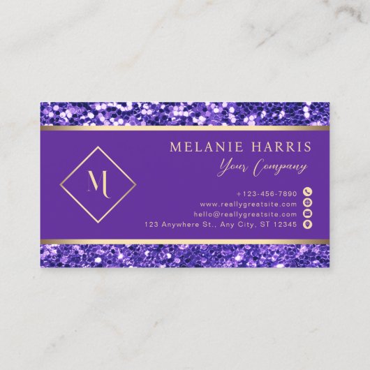 Eleganter Gold & Royal Lila Glitzer Moderne Visitenkarte (Rückseite)