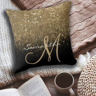 Eleganter Gold- & Schwarz-Glitter-Monogramm-Name Kissen