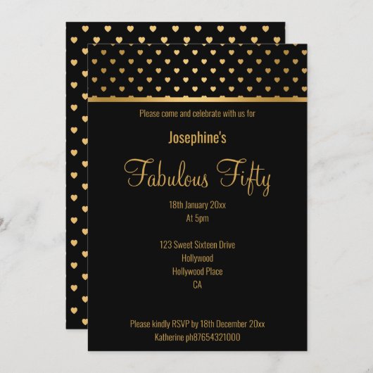 ELEGANTER GOLD SCHWARZ HERZPATTER EINLADUNG (Vorne/Hinten)