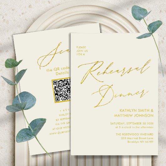 Eleganter Gold Script Cream Probe Dinner QR Code Einladung