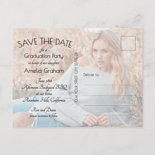 Eleganter Gold Script Foto Abschluss Save the Date Postkarte (Rückseite)