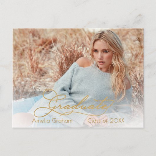 Eleganter Gold Script Foto Abschluss Save the Date Postkarte (Vorderseite)