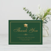 Eleganter Gold Script Grad Cap Green Abschluss Dankeskarte (Stehend Vorderseite)