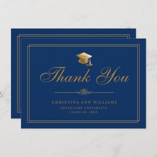 Eleganter Gold Script Grad Cap Royal Blue Abschlus Dankeskarte (Vorne/Hinten)