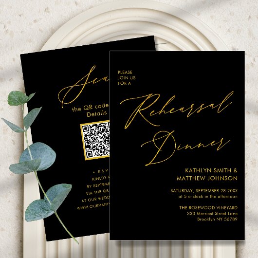 Eleganter Gold Script Gray Probe Dinner QR Code Einladung
