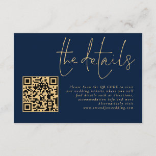 Eleganter Gold Script Navy QR Code Hochzeitsdetail Begleitkarte