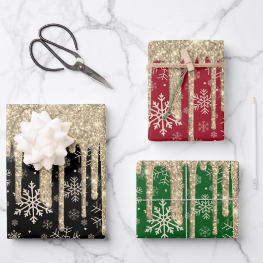 Eleganter Gold Snowflake Muster Dripping Glitzer Geschenkpapier Set (Vorderseite)