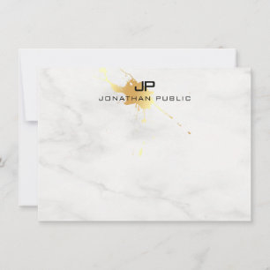 Eleganter Gold-Splash moderner Monogramm Weißmarmo Mitteilungskarte