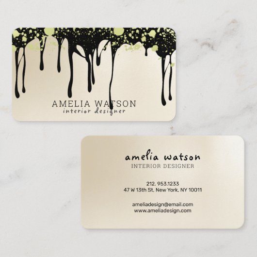 Eleganter Gold-Spritzer und schwarze Tropffarbe Visitenkarte (Vorne/Hinten)