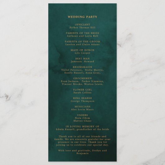 Eleganter Gold Text mit grüner Hintergrundhochzeit Programm (Rückseite)