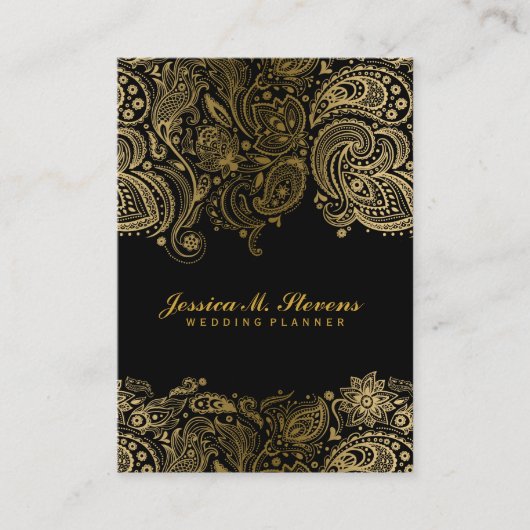 Eleganter Gold und Black Paisley 3 Hochzeitsplaner Visitenkarte (Vorderseite)