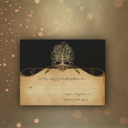 Eleganter Gold- und Black Tree Wedding RSVP Karte