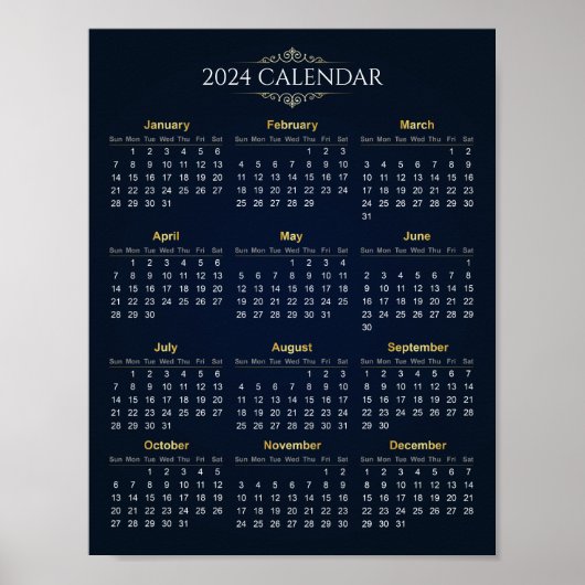Eleganter Gold- und Blue-2024-Kalender | Poster (Vorne)