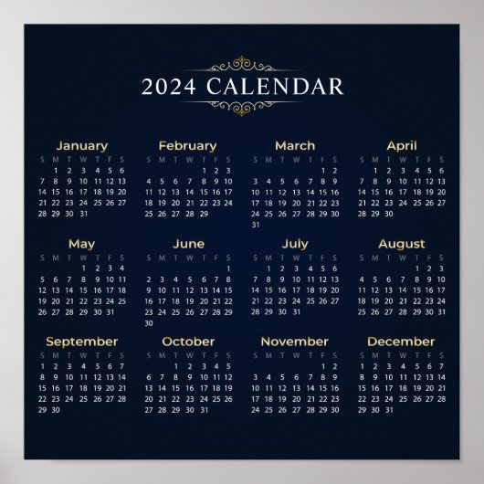 Eleganter Gold- und Blue-2024-Kalender | Poster (Vorne)