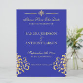 Eleganter Gold- und Blue Damask Save the Date (Stehend Vorderseite)