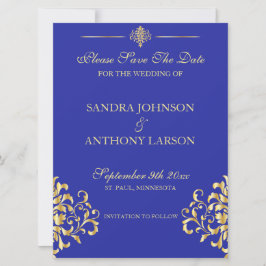 Eleganter Gold- und Blue Damask Save the Date