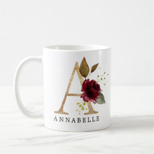 Eleganter Gold- und Burgunder-Blumenbuchstabe A Kaffeetasse