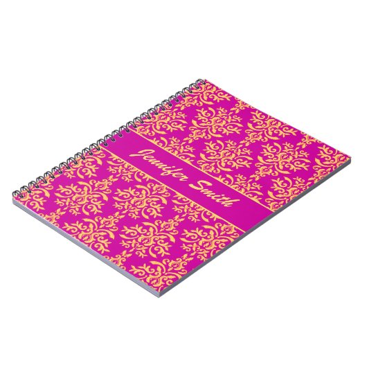Eleganter Gold-und Pink-Magenta-Damast Notizblock (Linke Seite)