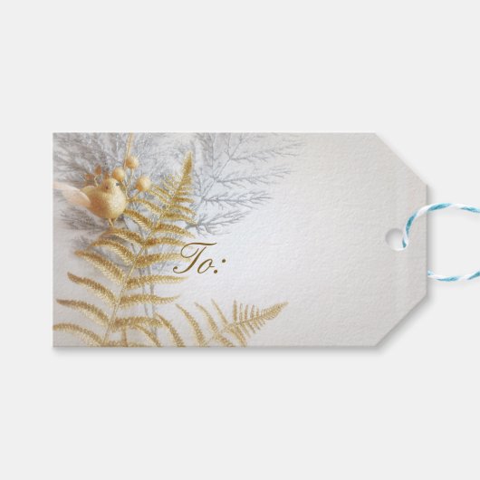 Eleganter Gold- und Silbervogel und Blätter Festiv Geschenkanhänger (Vorderseite (Horizontal))