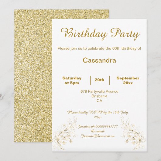 ELEGANTER GOLD UND WEISSER GLITZER GEBURTSTAG EINLADUNG (Vorne/Hinten)