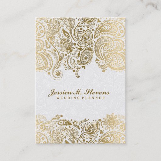 Eleganter Gold und White Paisley 3 Hochzeitsplaner Visitenkarte (Vorderseite)