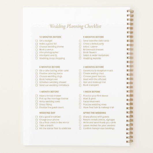 Eleganter Gold Wedding Checklist Planner Planer (Rückseite)