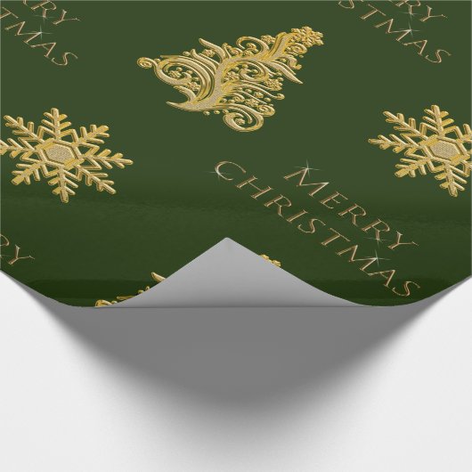 Eleganter Gold Weihnachtsbaum auf Dunkelgrün Geschenkpapier (Ecke)