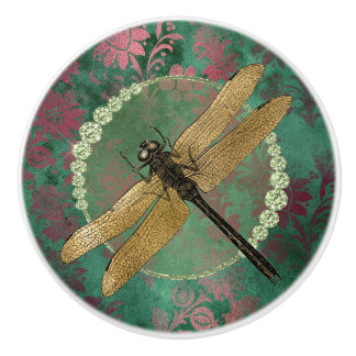 Eleganter Golddrachenfliege auf Grün mit Rhineston Keramikknauf