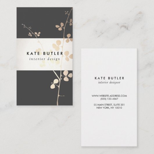 Eleganter Golden Black Branch Interieur Designer Visitenkarte (Vorne/Hinten)