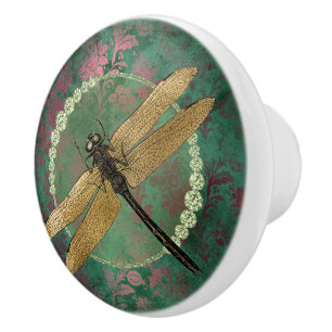 Eleganter Goldene Libelle auf Grün mit Rhinestone Keramikknauf