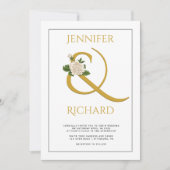 Eleganter goldener Ampersand und weiße Rosenhochze Einladung (Vorderseite)