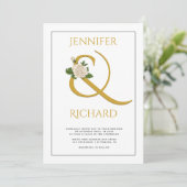 Eleganter goldener Ampersand und weiße Rosenhochze Einladung (Stehend Vorderseite)