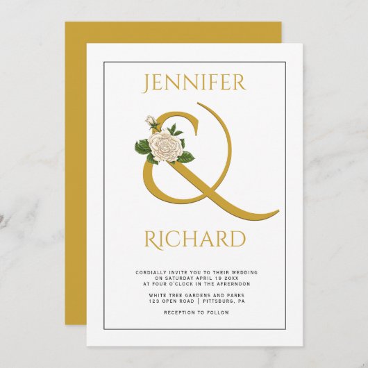 Eleganter goldener Ampersand und weiße Rosenhochze Einladung (Vorne/Hinten)