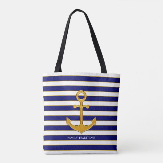 Eleganter goldener Anker auf blau-weiß gestreift Tasche (Rückseite)