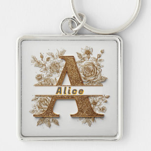 Eleganter goldener Buchstabe A mit zarten Blumen Schlüsselanhänger