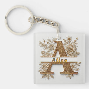 Eleganter goldener Buchstabe A mit zarten Blumen Schlüsselanhänger