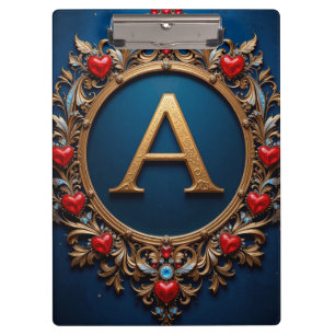 Eleganter goldener Buchstabe A, umgeben von Herzen Klemmbrett