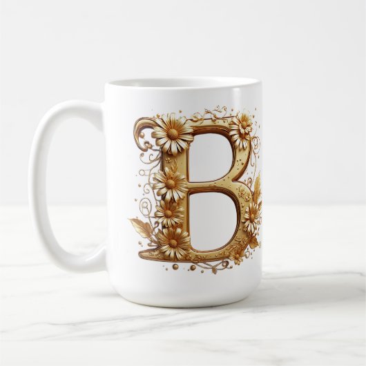 Eleganter goldener Buchstabe B mit Blumendesign Kaffeetasse (Links)