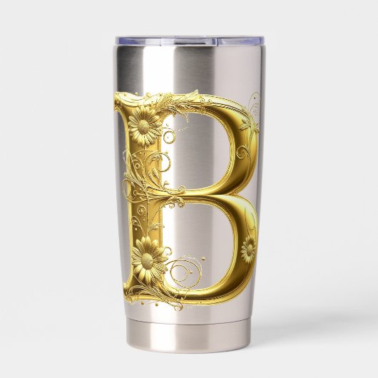 Eleganter goldener Buchstabe B mit Blumendesign Thermobecher (Vorderseite)