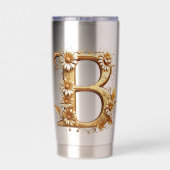 Eleganter goldener Buchstabe B mit Blumendesign Thermobecher (Rückseite)
