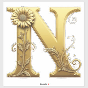 Eleganter goldener Buchstabe N mit floralen Verzie Aufkleber