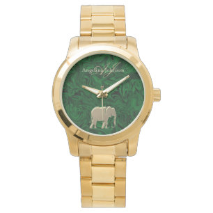 Eleganter goldener Elefant Smaragdgrünes Monogramm Armbanduhr