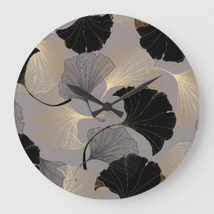 Eleganter goldener Ginkgo, Vintager Hintergrund. Große Wanduhr