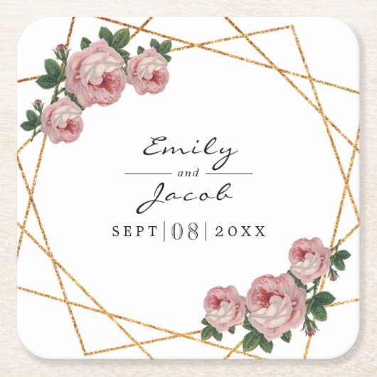 Eleganter Goldener Glitzer Geometrisches Rosa Blum Rechteckiger Pappuntersetzer (Vorderseite)