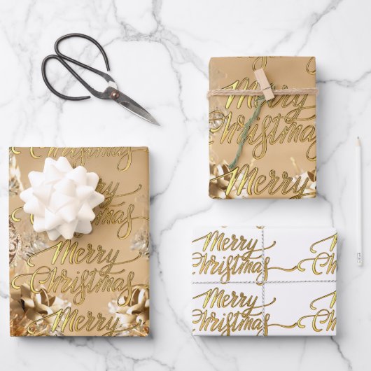 Eleganter Goldener Glitzer Snowflakes Frohe Weihna Geschenkpapier Set (Vorderseite)