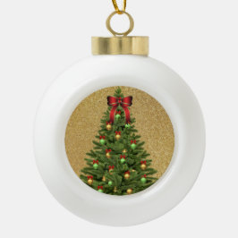 Eleganter Goldener Glitzer und Weihnachtsbaum Keramik Kugel-Ornament