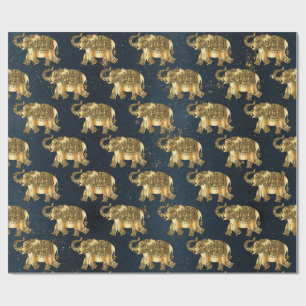 Eleganter goldener Paisley-Blumen-Elefant, dunkelb Geschenkpapier