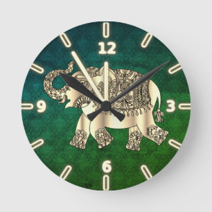 Eleganter goldener Paisley-Blumen-Elefant, grüner Runde Wanduhr