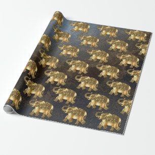 Eleganter goldener Paisley-Blumen-Elefant, Leder-O Geschenkpapier