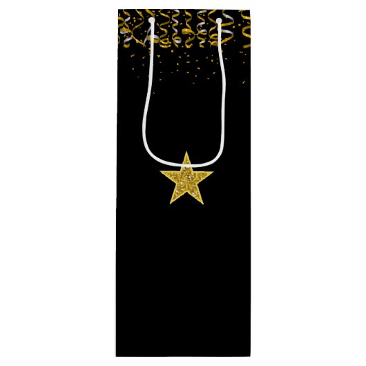 Eleganter goldener Stern und Konfetti auf schwarz Geschenktüte Für Weinflaschen (Vorderseite)